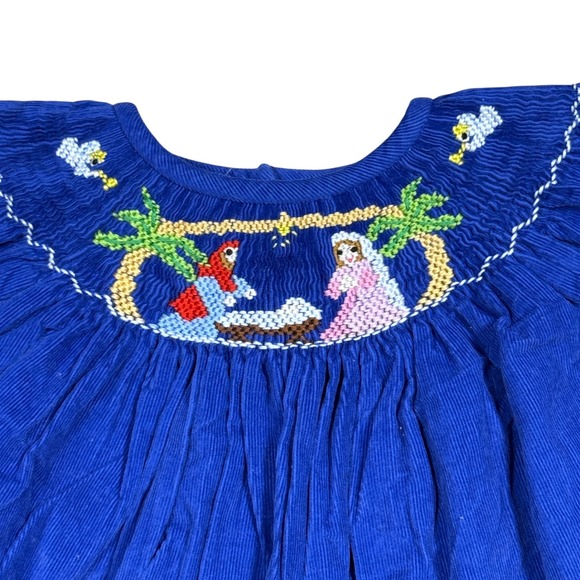 Classic Whimsy Baby Girls Royal Blue Corduroy Smocked Nativity Scene Dress 9M - Picture 3 of 8